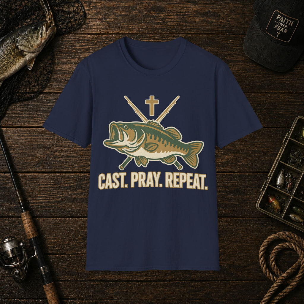 Fishing T-Shirt — "Cast. Pray. Repeat." Bass & Cross Tee