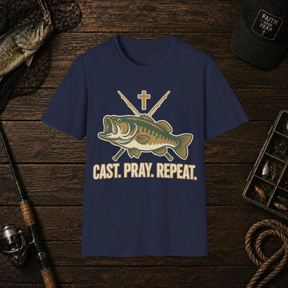 Fishing T-Shirt — "Cast. Pray. Repeat." Bass & Cross Tee