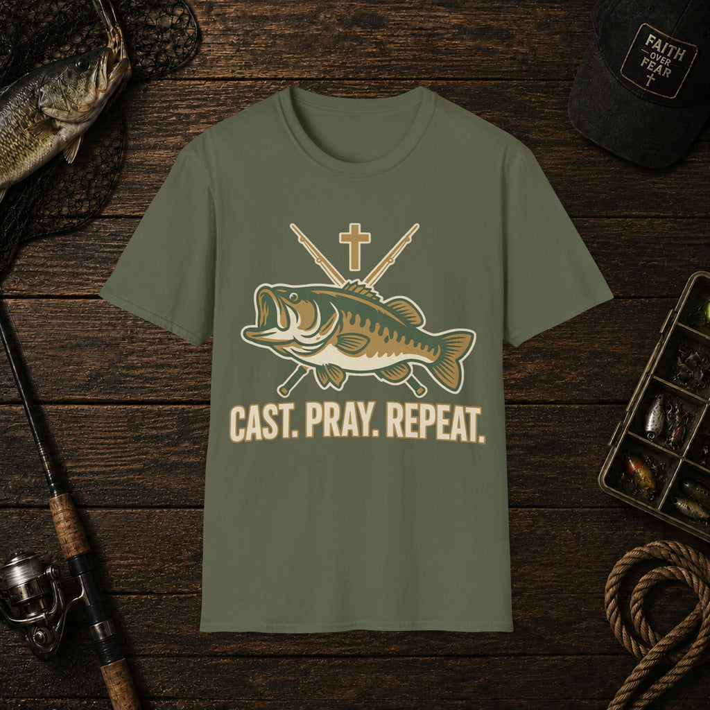 Fishing T-Shirt — "Cast. Pray. Repeat." Bass & Cross Tee