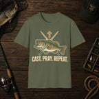 Fishing T-Shirt — "Cast. Pray. Repeat." Bass & Cross Tee