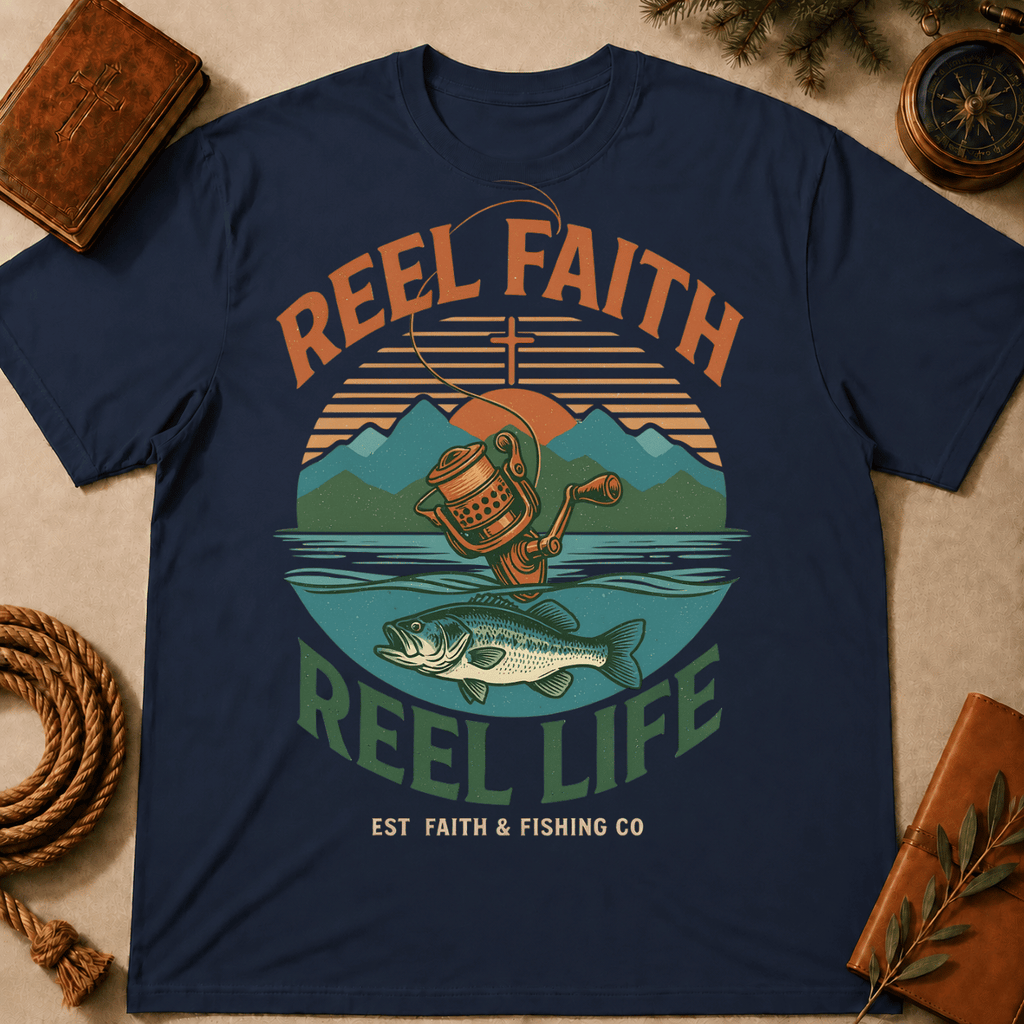 Fishing T-Shirt — "Reel Faith, Reel Life" Retro Outdoors Graphic