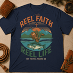 Fishing T-Shirt — "Reel Faith, Reel Life" Retro Outdoors Graphic