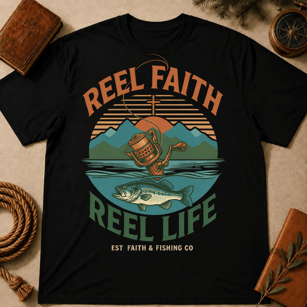 Fishing T-Shirt — "Reel Faith, Reel Life" Retro Outdoors Graphic