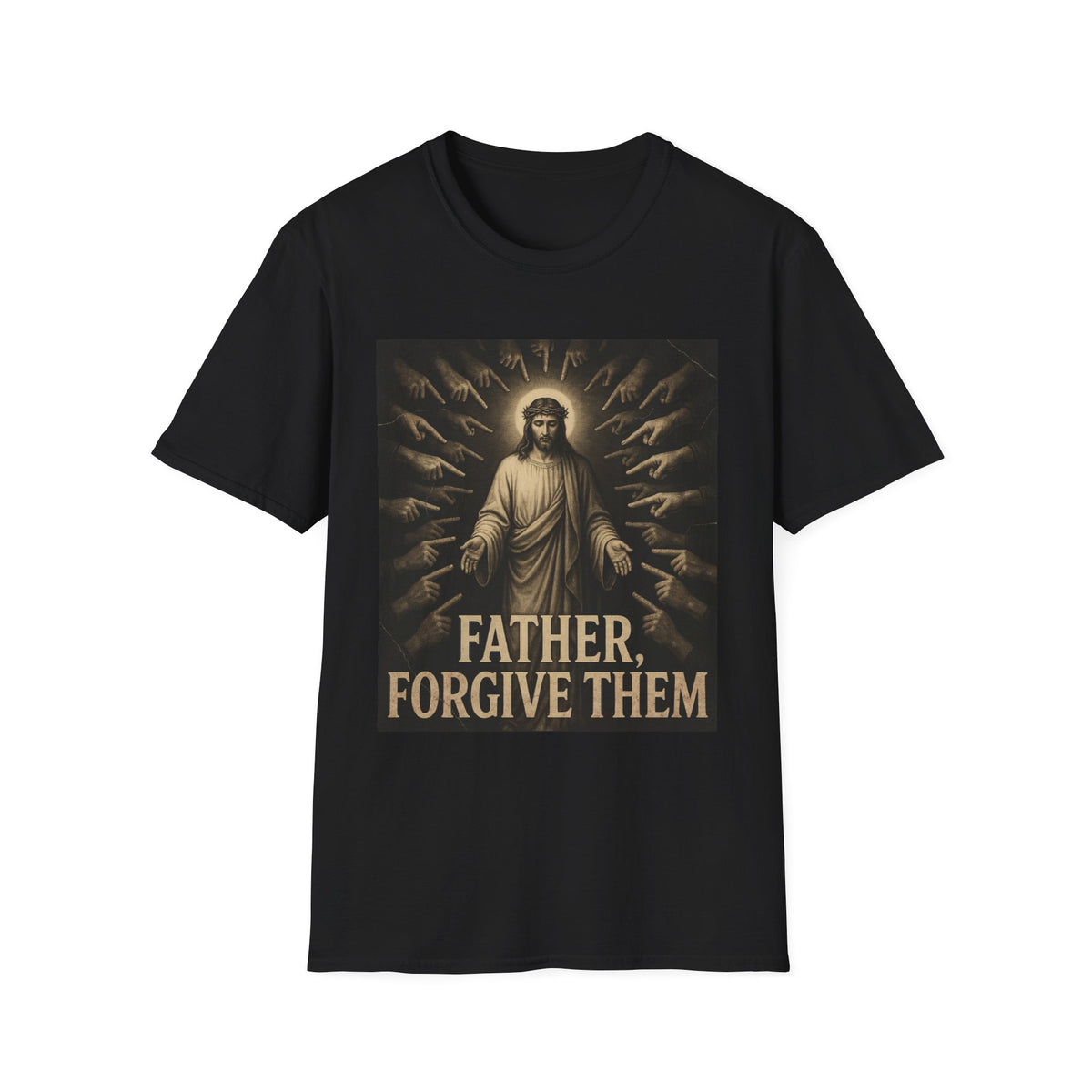 Jesus surrounded by accusing hands, Father Forgive Them T-Shirt