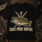Fishing T-Shirt — "Cast. Pray. Repeat." Bass & Cross Tee