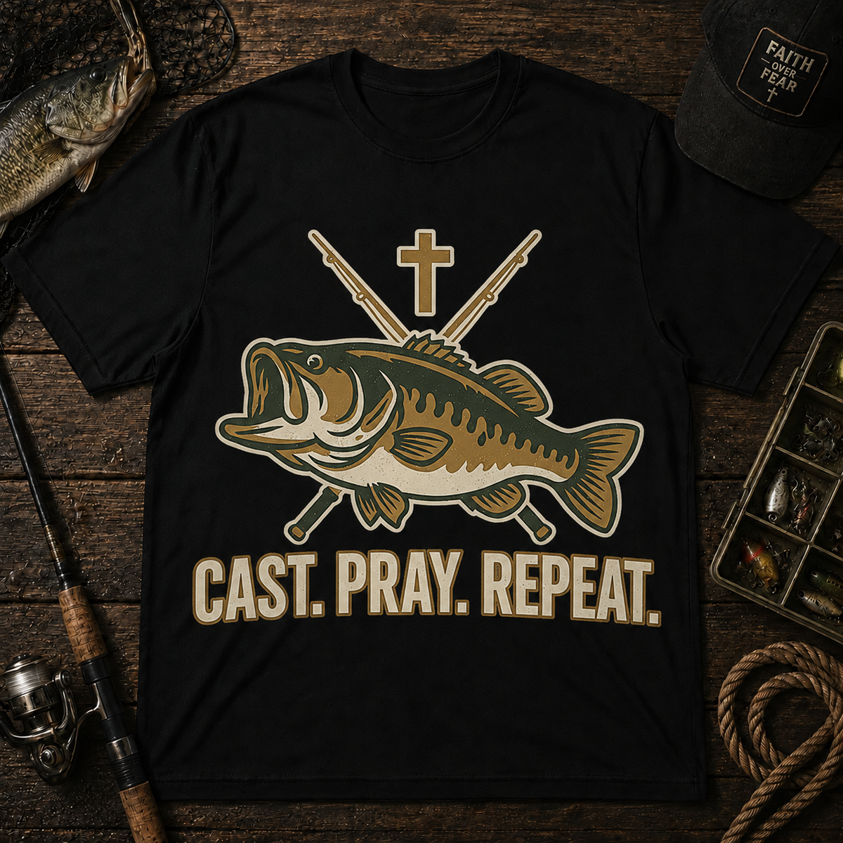 Fishing T-Shirt — "Cast. Pray. Repeat." Bass & Cross Tee