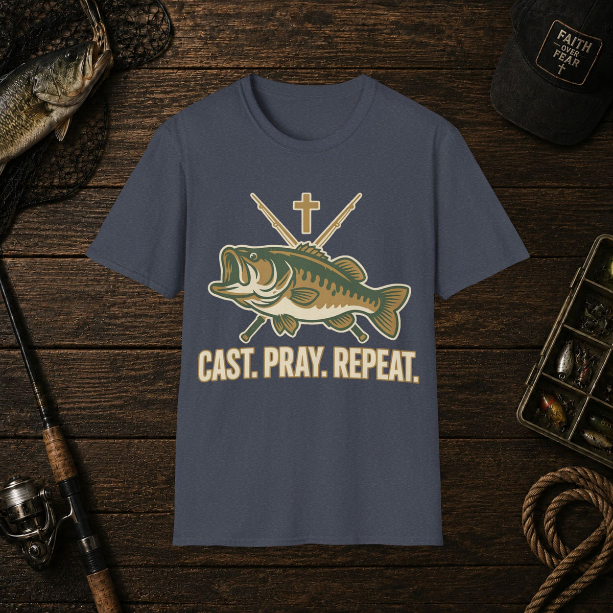 Fishing T-Shirt — "Cast. Pray. Repeat." Bass & Cross Tee