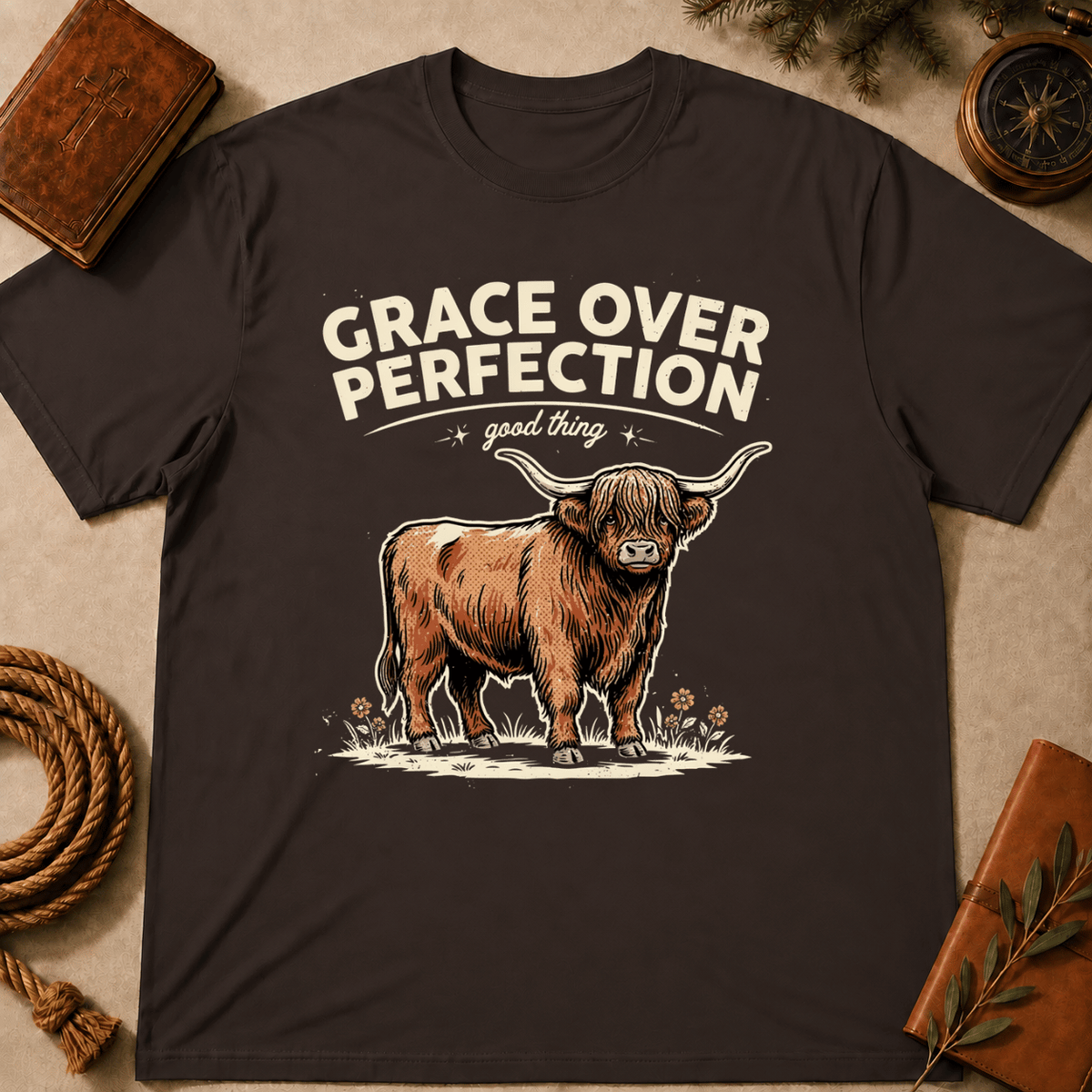 Highland Cow – "Grace Over Perfection" T-Shirt
