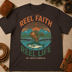 Fishing T-Shirt — "Reel Faith, Reel Life" Retro Outdoors Graphic
