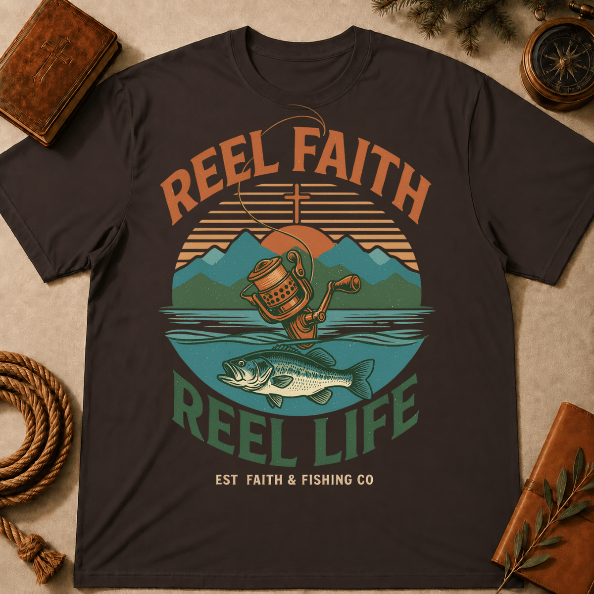 Fishing T-Shirt — "Reel Faith, Reel Life" Retro Outdoors Graphic