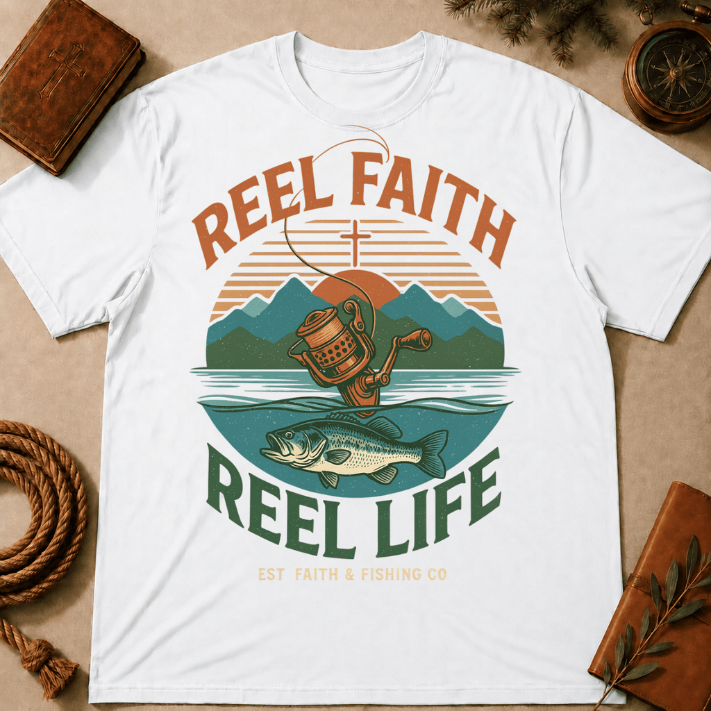 Fishing T-Shirt — "Reel Faith, Reel Life" Retro Outdoors Graphic