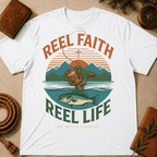 Fishing T-Shirt — "Reel Faith, Reel Life" Retro Outdoors Graphic