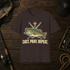 Fishing T-Shirt — "Cast. Pray. Repeat." Bass & Cross Tee