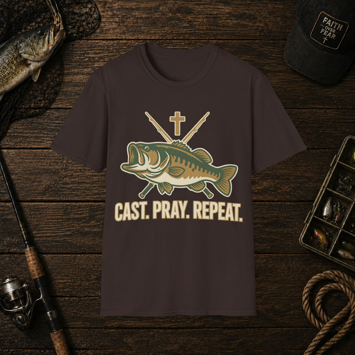 Fishing T-Shirt — "Cast. Pray. Repeat." Bass & Cross Tee