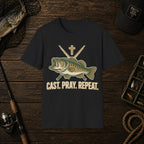 Fishing T-Shirt — "Cast. Pray. Repeat." Bass & Cross Tee