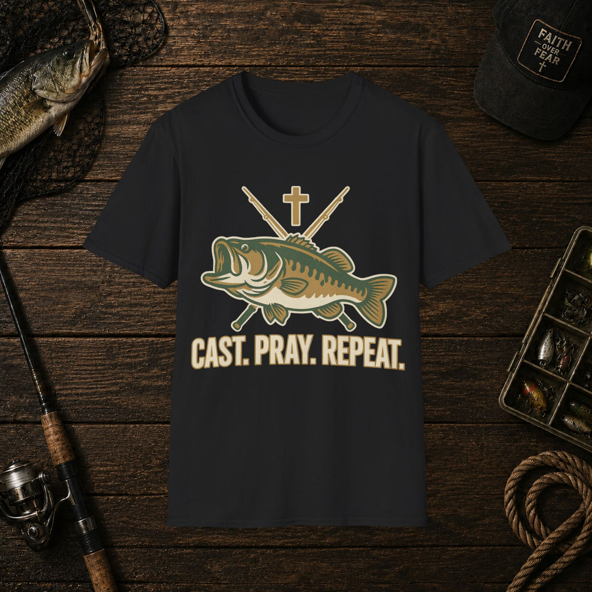 Fishing T-Shirt — "Cast. Pray. Repeat." Bass & Cross Tee